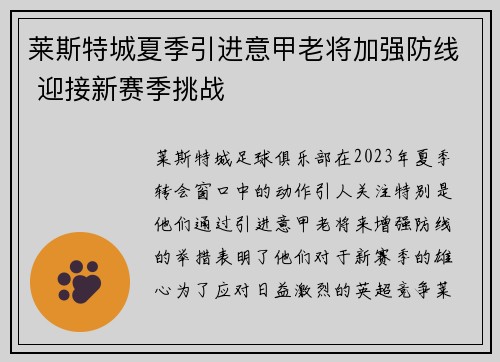 莱斯特城夏季引进意甲老将加强防线 迎接新赛季挑战