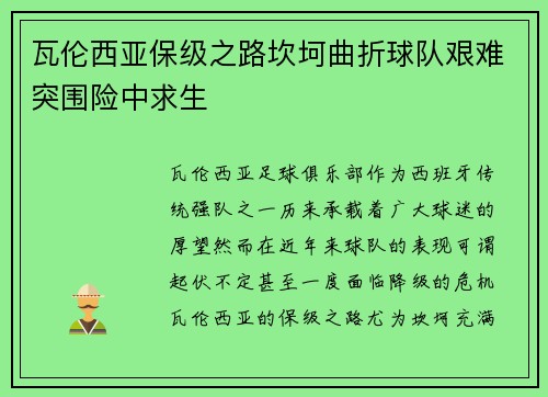 瓦伦西亚保级之路坎坷曲折球队艰难突围险中求生 瓦伦西亚保级之路坎坷曲折球队艰难突围险中求生